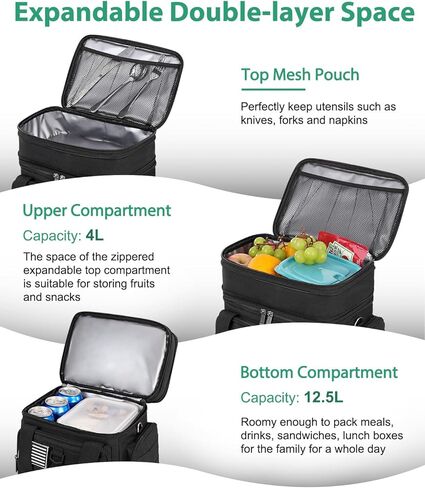 Tactical Lunch Box for Men, Large Insulated Lunch Bag for Adult, Heavy Duty Double Deck Expandable Lunch Cooler Bag with American Flag, Leakproof Soft Lunch Pail for Work Office Camping - Black in Saudi Arabia