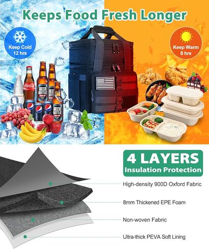 Tactical Lunch Box for Men, Large Insulated Lunch Bag for Adult, Heavy Duty Double Deck Expandable Lunch Cooler Bag with American Flag, Leakproof Soft Lunch Pail for Work Office Camping - Black in Saudi Arabia
