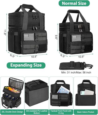 Tactical Lunch Box for Men, Large Insulated Lunch Bag for Adult, Heavy Duty Double Deck Expandable Lunch Cooler Bag with American Flag, Leakproof Soft Lunch Pail for Work Office Camping - Black in Saudi Arabia