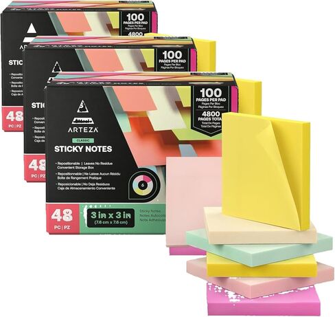 ARTEZA Sticky Notes 3x3 inches, 48 Sticky Pads, Bulk Sticky Note Pads, Assorted Multicolor Self-Adhesive Notes in Kuwait