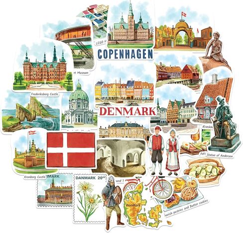 Navy Peony Delightful Denmark Travel Stickers (28pcs) - Die-Cut, Watercolor, Danish-Themed Vacation Decals for Journals, Scrapbooks, Luggage, Tumbler in Kuwait