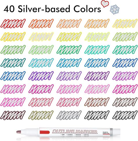 Shuttle Art Double Line Outline Permanent Markers, 28 Colors Squiggles Shimmer Markers Set, Self Outline Metallic Marker Pens for Art, Drawing, Doodling, Card Making, Christmas Card, DIY Crafts in Kuwait