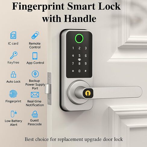 Fingerprint Smart Lock with Handle, WiFi Keyless Entry Door Lock with App Control, Keypad & Backup Key, Auto-Lock Waterproof Front Door Lock for Apartment, Home & Airbnb (Silver) in Saudi Arabia