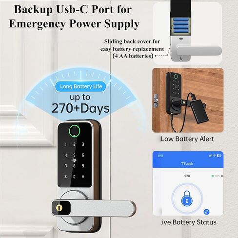 Fingerprint Smart Lock with Handle, WiFi Keyless Entry Door Lock with App Control, Keypad & Backup Key, Auto-Lock Waterproof Front Door Lock for Apartment, Home & Airbnb (Silver) in Saudi Arabia