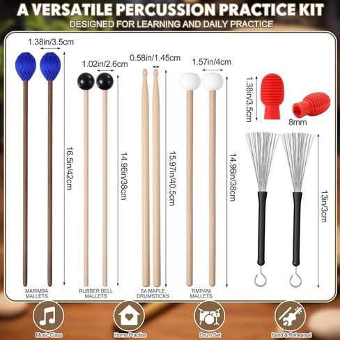 Drum Mallets Percussion Kit with 4 Pairs Drumsticks (felt Timpani, Rubber, Marimba, 5A) 2 Pcs Drumstick Dampeners 2 Pcs Brushes 1 Bag Percussion Instrument Accessories for Xylophone Timpani Bass Drum in Saudi Arabia