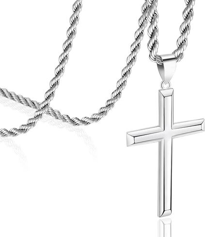 Cameido 925 Sterling Silver Cross Pendant Necklace for Men Women with 3.5mm Stainless Steel Clasp Rope Twist Chain 18K White Gold Plated Cross Pendant Highly Polished Cross Necklace 16-28 Inches in Kuwait