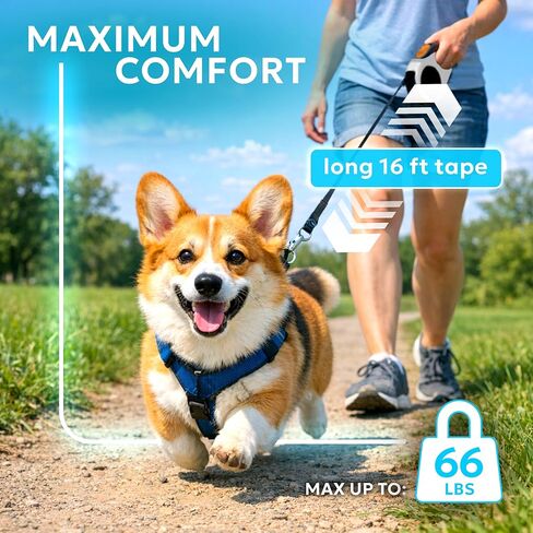 Retractable Dog Leash for Pets Up to 66 lbs, 16' Heavy Duty Reflective Nylon Tape, Tangle Free, Anti-Slip Handle with One Button Control in Saudi Arabia