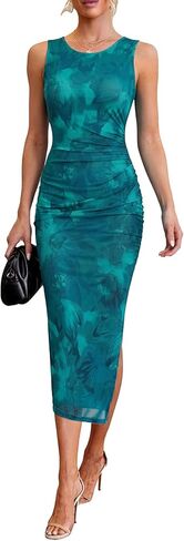 Oten Women's Olcyless Mesh Floral Summer 2025 Ruched Bodycon Slit Wedding Guest Cocktail Party Midi Dress in Saudi Arabia