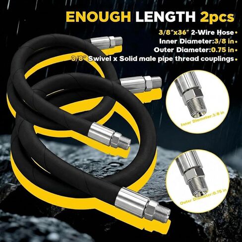 Frienda 3/8" x 36" Hydraulic Hose 2 Wire Hydraulic Hose Male x Male Assembly with Rotating Fittings, Double Wire Braided for Transfer Between Components(2Pcs) in Saudi Arabia