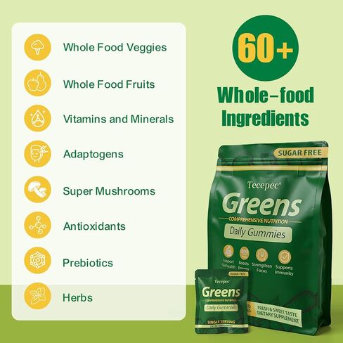 حلوى يومية خالية من السكر، مزيج من الفواكه والخضروات فائقة الجودة مع سبيرولينا، شلوريلا، البريبايوتك والألياف، مكمل متعدد الفيتامينات للنساء والرجال، صحة الجهاز الهضمي، غير معدل وراثيًا، 120 قطعة in Kuwait