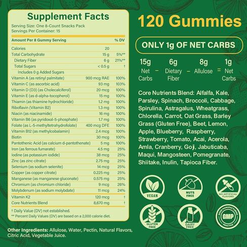 حلوى يومية خالية من السكر، مزيج من الفواكه والخضروات فائقة الجودة مع سبيرولينا، شلوريلا، البريبايوتك والألياف، مكمل متعدد الفيتامينات للنساء والرجال، صحة الجهاز الهضمي، غير معدل وراثيًا، 120 قطعة in Kuwait