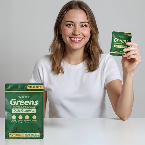 حلوى يومية خالية من السكر، مزيج من الفواكه والخضروات فائقة الجودة مع سبيرولينا، شلوريلا، البريبايوتك والألياف، مكمل متعدد الفيتامينات للنساء والرجال، صحة الجهاز الهضمي، غير معدل وراثيًا، 120 قطعة in Kuwait