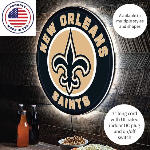 Team Sports America Evergreen NFL New Orleans Saints | Ultra-Thin LED Light Wall Sign Decor | 23 Inch Round | Made in the USA in Saudi Arabia