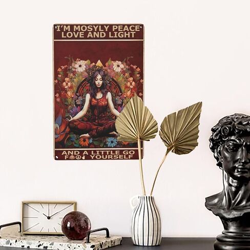 Boho Peace, Love & Light Metal Sign Vintage Hippie Wall Art Decoration for Yoga Studio,Coffee Poster with Funny Quote 'I'm Mostly Peace Love and Light and a Little Go F Yourself'. 8x12 Inches in Saudi Arabia