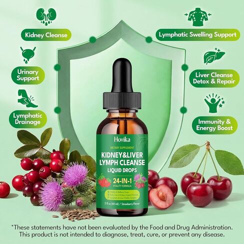 24-in-1 Kidney & Liver, Lymph Cleanse Detox & Repair Drops, Three Immune Formula with Cranberry, Milk Thistle, Vegan Urinary Tract & Lymphatic Drainage & Liver Repair | Strawberry Flavor, 2 FL Oz in Kuwait