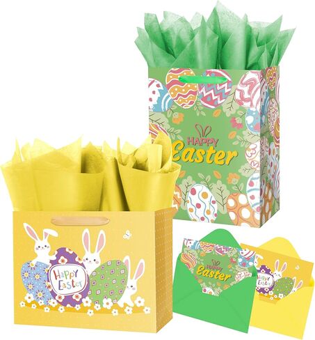Ranfashiong 2Pcs 12.6" Large Easter Gift Bags with Card and Tissue Paper for Kids Egg Hunt Rabbit Party Favor in Kuwait