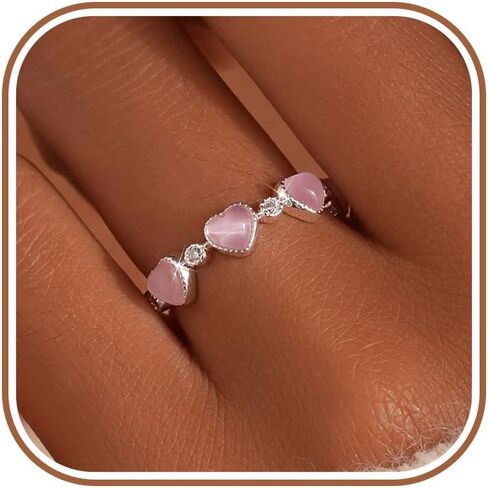 LOVECOM 925 Sterling Silver Love Heart Ring with Pink Stone for Women Daughter Cute Cat's Eye Stone Adujustable Open Ring Y2K Stackable Statement Ring Wedding Jewelry Birthday Gifts for Friends in Saudi Arabia