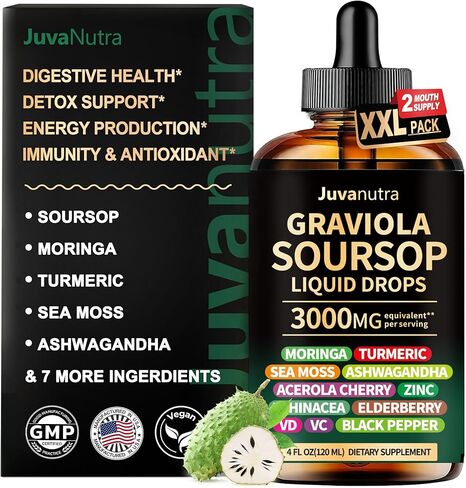 Soursop Bitters Liquid Drops 12 in 1 with Sea Moss, Moringa, Turmeric, Echinacea & Ashwagandha Extract - Herbal Tonic for Digestive Wellness & Immune Support - 4 Fl Oz in Saudi Arabia