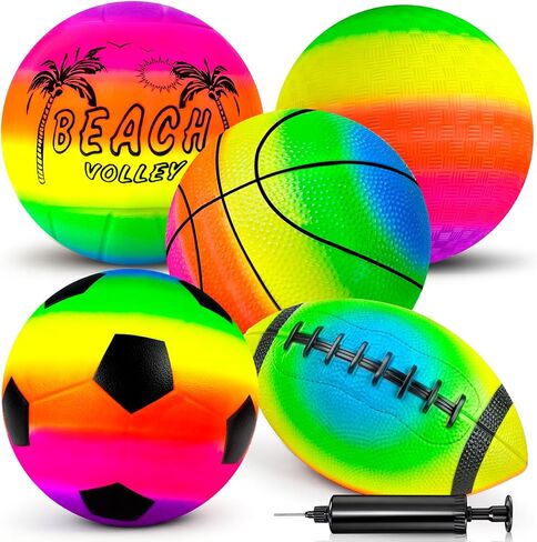 5 Pack Sports Balls Set for Kids & Toddlers - Includes 8.5'' Basketball Soccer Football Volleyball & Rainbow Playground Ball, Inflatable Bouncy Balls Toys Gift for Indoor Outdoor Party Games Play in Kuwait