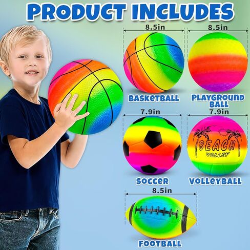 5 Pack Sports Balls Set for Kids & Toddlers - Includes 8.5'' Basketball Soccer Football Volleyball & Rainbow Playground Ball, Inflatable Bouncy Balls Toys Gift for Indoor Outdoor Party Games Play in Kuwait