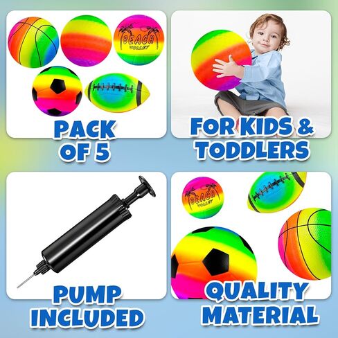 5 Pack Sports Balls Set for Kids & Toddlers - Includes 8.5'' Basketball Soccer Football Volleyball & Rainbow Playground Ball, Inflatable Bouncy Balls Toys Gift for Indoor Outdoor Party Games Play in Kuwait
