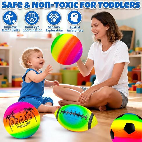 5 Pack Sports Balls Set for Kids & Toddlers - Includes 8.5'' Basketball Soccer Football Volleyball & Rainbow Playground Ball, Inflatable Bouncy Balls Toys Gift for Indoor Outdoor Party Games Play in Kuwait