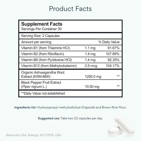 مركب Bettervits Ashwagandha مع زهرة العاطفة وفيتامين ب - KSM-66® مستخلص الجذر العضوي 800 مجم - يدعم الهدوء والطاقة والتوازن العاطفي - 60 كبسولة in Kuwait