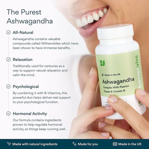 مركب Bettervits Ashwagandha مع زهرة العاطفة وفيتامين ب - KSM-66® مستخلص الجذر العضوي 800 مجم - يدعم الهدوء والطاقة والتوازن العاطفي - 60 كبسولة in Kuwait
