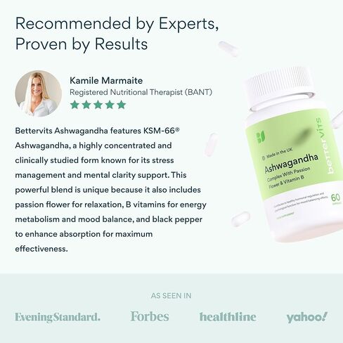 مركب Bettervits Ashwagandha مع زهرة العاطفة وفيتامين ب - KSM-66® مستخلص الجذر العضوي 800 مجم - يدعم الهدوء والطاقة والتوازن العاطفي - 60 كبسولة in Kuwait