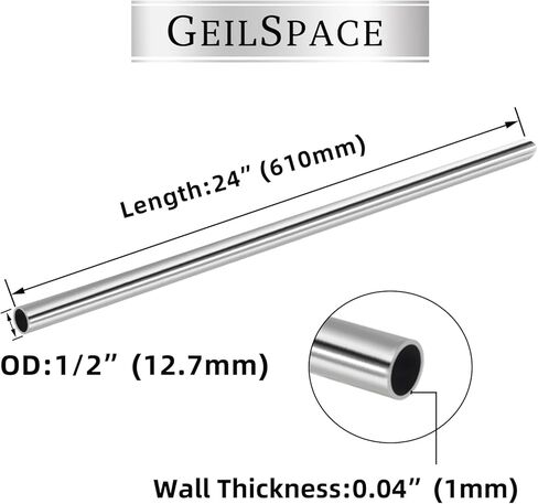 GeilSpace 1/2" OD 304 Stainless Steel Tube, 42 inch Length, Round Metal Weldable Pipe, DIY Industrial Straight Metal Tubing (1/2"OD-42"-2PCS) in Kuwait