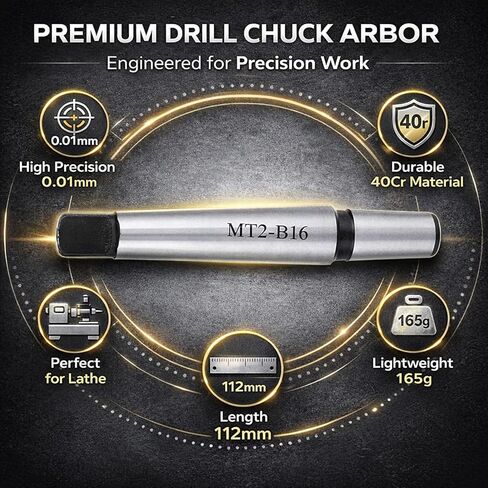 Taper Drill Chuck Arbor Shank, MT2 - B16 Tool Holder Connector, 112mm Length - High Precision Ground, Hardened Steel, Durable for Lathe Machine Use in Kuwait