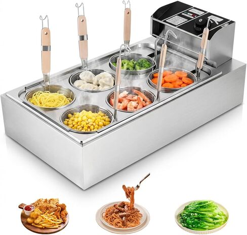 طباخ المعكرونة التجاري شديد التحمل، 6 سلال مستقلة آلة طهي المعكرونة المصنوعة من الفولاذ المقاوم للصدأ، التحكم في درجة الحرارة 50-300 درجة مئوية، 110 فولت للمطاعم سريعة الخطى in Kuwait