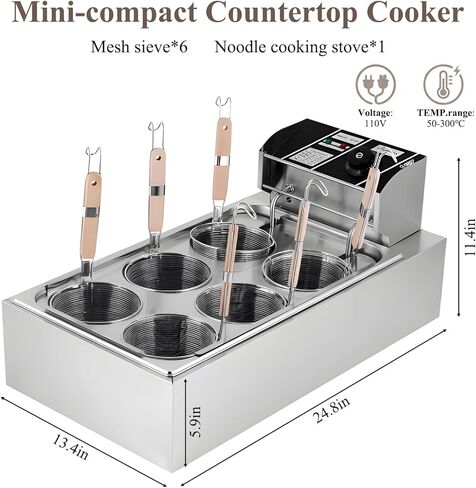 طباخ المعكرونة التجاري شديد التحمل، 6 سلال مستقلة آلة طهي المعكرونة المصنوعة من الفولاذ المقاوم للصدأ، التحكم في درجة الحرارة 50-300 درجة مئوية، 110 فولت للمطاعم سريعة الخطى in Kuwait