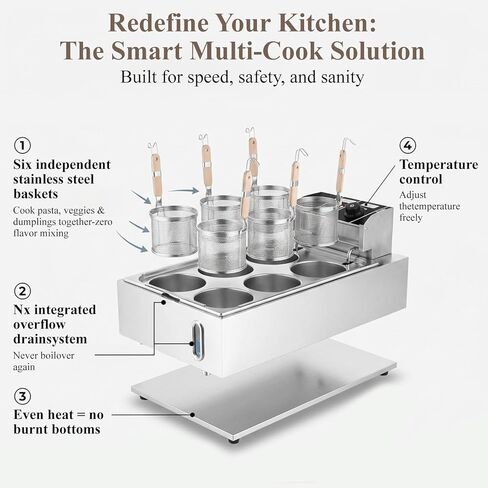 طباخ المعكرونة التجاري شديد التحمل، 6 سلال مستقلة آلة طهي المعكرونة المصنوعة من الفولاذ المقاوم للصدأ، التحكم في درجة الحرارة 50-300 درجة مئوية، 110 فولت للمطاعم سريعة الخطى in Kuwait