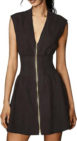 Women’s V Neck Summer Dress Cap Sleeve Zipper Mini Dress Smocked Slit Dress with Pockets in Kuwait