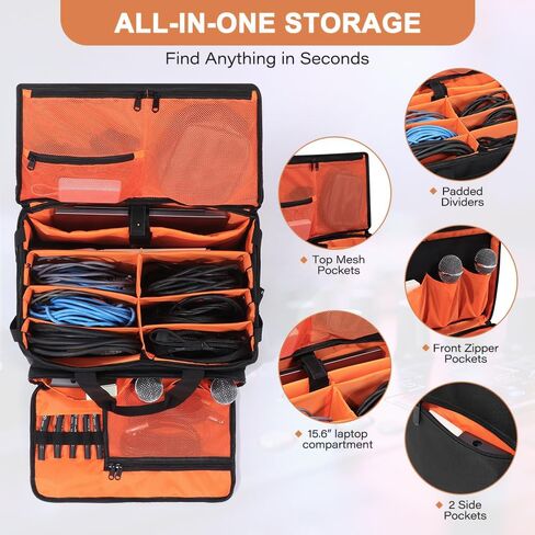 LUCKUP DJ Cable Organizer Bag with Wheels, Detachable Trolley System, 900D Water-Resistant DJ Equipment Storage Organizer with Padded Dividers Laptop Compartment for Musicians, Audio Engineers in Kuwait