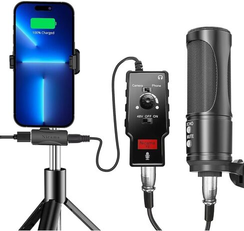 Nicama Microphone Preamp with 48V Phantom Power Supply for iPhone iPad DSLR Camera, XLR Female to 3.5mm TRS, TRRS Adapter for Shotgun or Condenser Rode Sennheiser Microphones in Kuwait