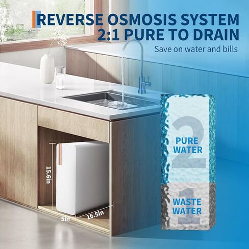 Tankless RO Reverse Osmosis Water Flitter, 8-Stage Impurity Filtration System, 2:1 Pure to Drain, 600-GPD Under-Sink Kitchen Water Filter, LED Color Indicator on Faucet in Saudi Arabia