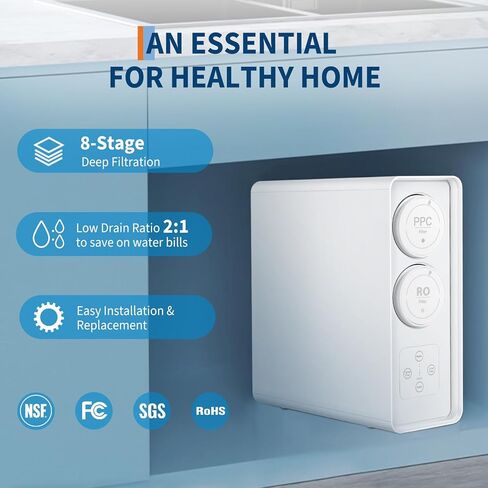 Tankless RO Reverse Osmosis Water Flitter, 8-Stage Impurity Filtration System, 2:1 Pure to Drain, 600-GPD Under-Sink Kitchen Water Filter, LED Color Indicator on Faucet in Saudi Arabia