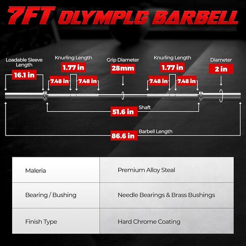 7FT Bar Olympic Barbell, 1000lb Capacity Weight Bar for Strength Training, 2 Inch Strength Training Bar With Knurled Grip for Squats, Deadlifts, Presses, Rows, Curls in Saudi Arabia