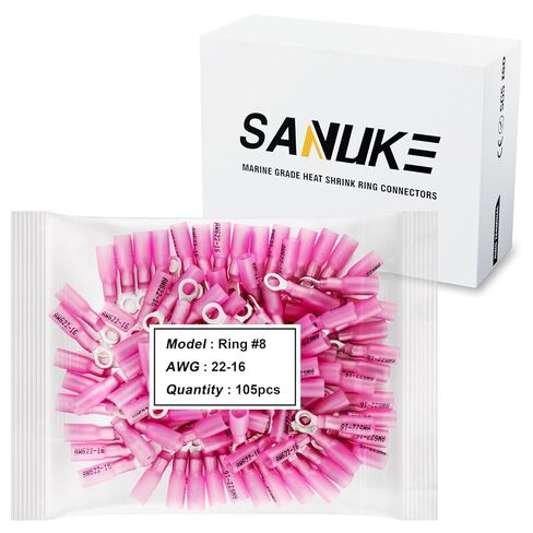 Sanuke 105Pcs 22-16 AWG - #8 Heat Shrink Ring Terminals 0.7mm Tinned Pure-Copper Marine Grade Waterproof Heat Shrink Wire Connectors Red in Kuwait