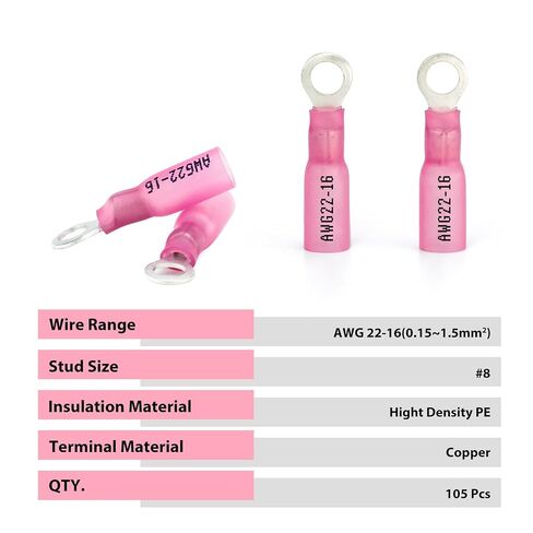 Sanuke 105Pcs 22-16 AWG - #8 Heat Shrink Ring Terminals 0.7mm Tinned Pure-Copper Marine Grade Waterproof Heat Shrink Wire Connectors Red in Kuwait