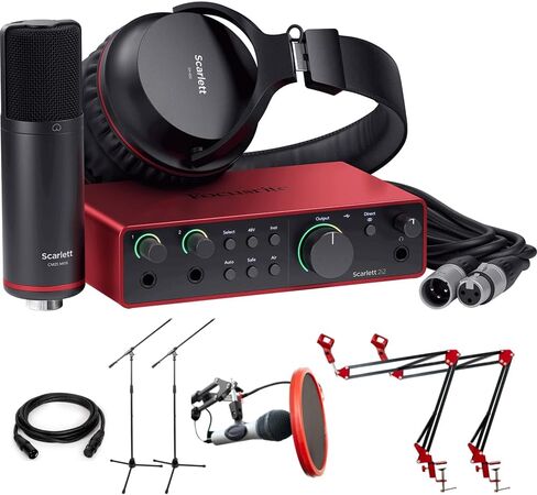Focusrite Scarlett 2i2 Studio 4th Gen Audio Interface with Mic, Headphones Bundle with 2x Microphone Scissor Arm Stand + Pop Filter Wind Screen +2x Stand with Boom+ XLR 10' Male to Female 16AWG Cable in Kuwait