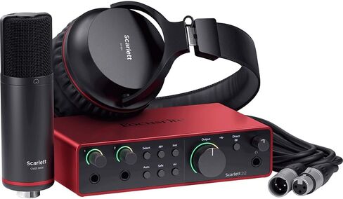 Focusrite Scarlett 2i2 Studio 4th Gen Audio Interface with Mic, Headphones Bundle with 2x Microphone Scissor Arm Stand + Pop Filter Wind Screen +2x Stand with Boom+ XLR 10' Male to Female 16AWG Cable in Kuwait
