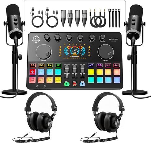 حزمة معدات البودكاست لشخصين، واجهة صوتية مع 2 ميكروفونات XLR/USB ديناميكية، 2 حامل ميكروفون سطح المكتب و2 سماعات رأس، RGB، تغيير الصوت للتسجيل الصوتي، البث الصوتي، البث، هاتف الكمبيوتر الشخصي، TikTok in Kuwait