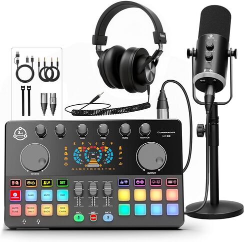 حزمة معدات البودكاست لشخصين، واجهة صوتية مع 2 ميكروفونات XLR/USB ديناميكية، 2 حامل ميكروفون سطح المكتب و2 سماعات رأس، RGB، تغيير الصوت للتسجيل الصوتي، البث الصوتي، البث، هاتف الكمبيوتر الشخصي، TikTok in Kuwait