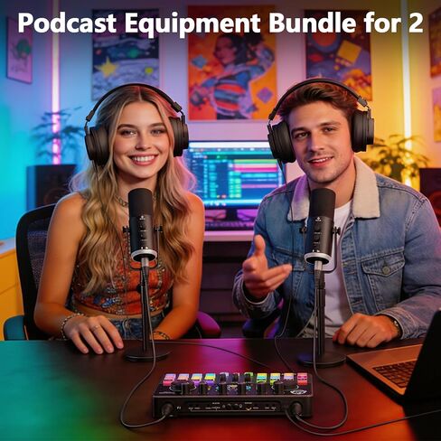 Podcast Equipment Bundle for 2, Audio Interface with 2 Dynamic XLR/USB Microphones, 2 Desktop Mic Stands and 2 Headphones, RGB, Voice Change for Vocal Recording,Podcasting,Streaming, PC Phone,TikTok in Saudi Arabia