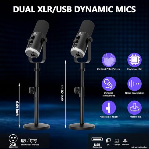 Podcast Equipment Bundle for 2, Audio Interface with 2 Dynamic XLR/USB Microphones, 2 Desktop Mic Stands and 2 Headphones, RGB, Voice Change for Vocal Recording,Podcasting,Streaming, PC Phone,TikTok in Saudi Arabia