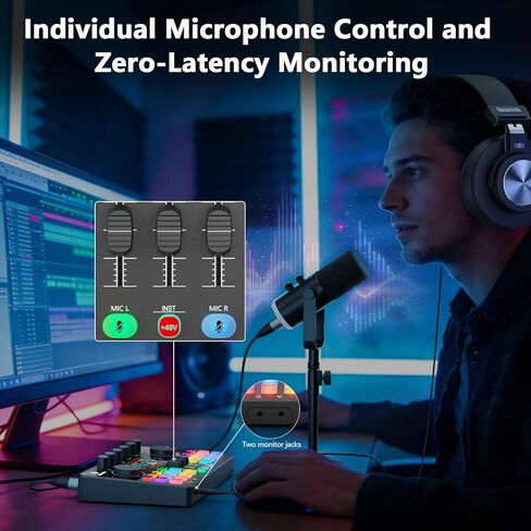 Podcast Equipment Bundle for 2, Audio Interface with 2 Dynamic XLR/USB Microphones, 2 Desktop Mic Stands and 2 Headphones, RGB, Voice Change for Vocal Recording,Podcasting,Streaming, PC Phone,TikTok in Saudi Arabia