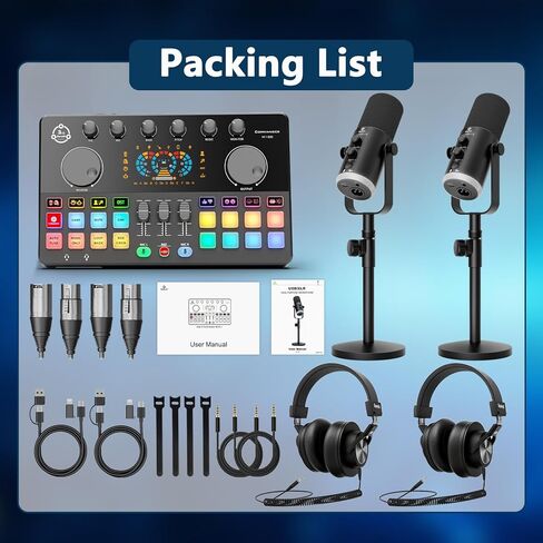 Podcast Equipment Bundle for 2, Audio Interface with 2 Dynamic XLR/USB Microphones, 2 Desktop Mic Stands and 2 Headphones, RGB, Voice Change for Vocal Recording,Podcasting,Streaming, PC Phone,TikTok in Saudi Arabia